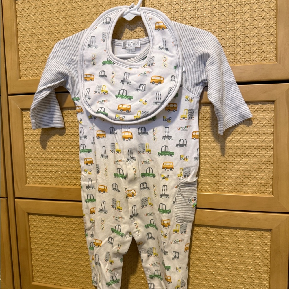 Kissy Kissy White Pajama Set with Yellow, Green, and Blue Car Print